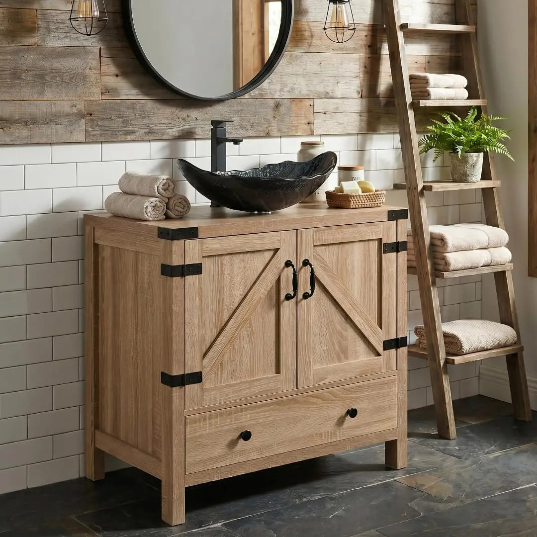 Rustic Bathroom Vanity With Pedestal Cabinet And Vessel Sink