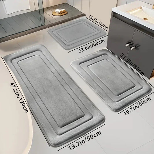 Three-Piece Absorbent Memory Foam Bath Mats Non-Slip Quick Dry Set