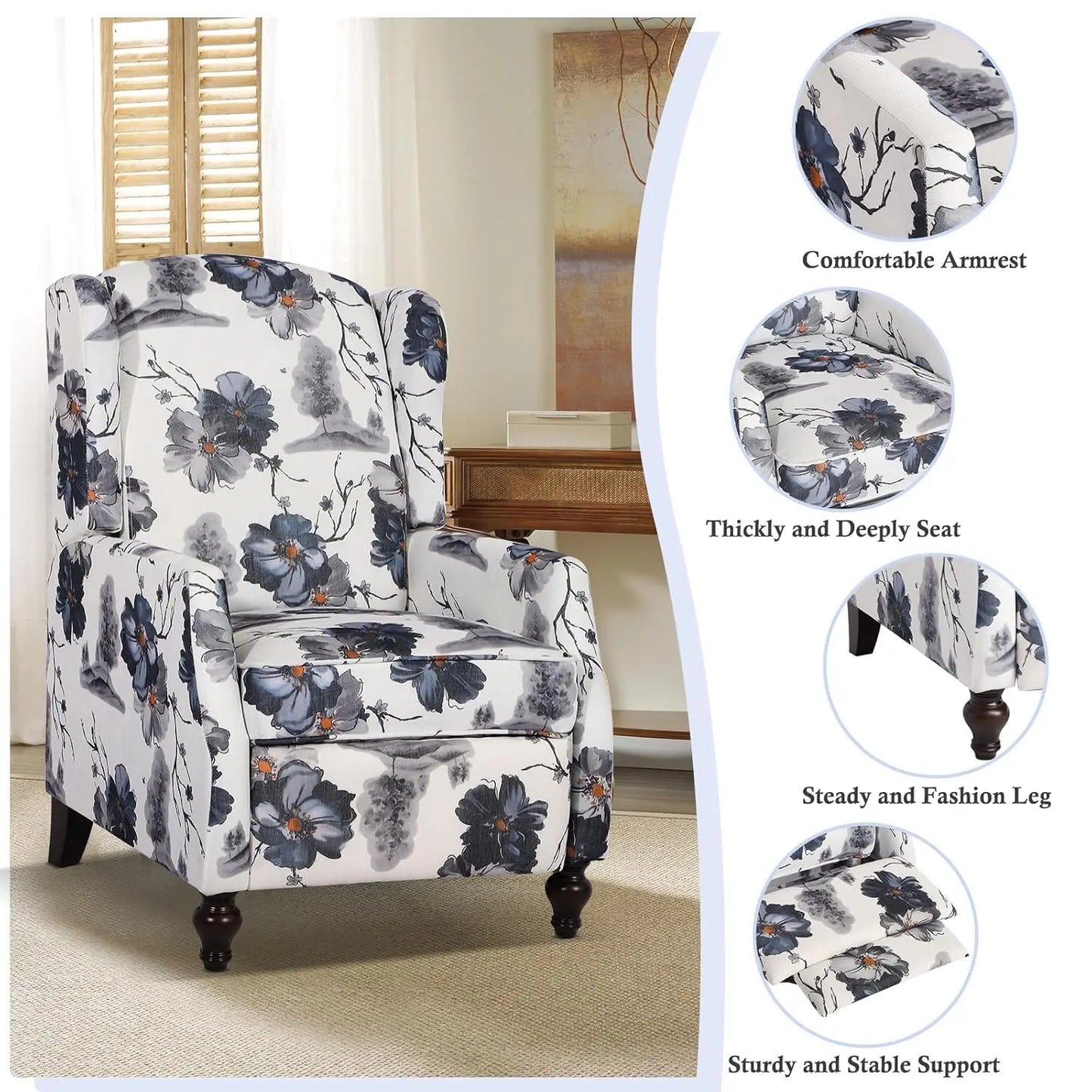 Wingback Recliner Chair Set of 2 Tufted Fabric Living Room