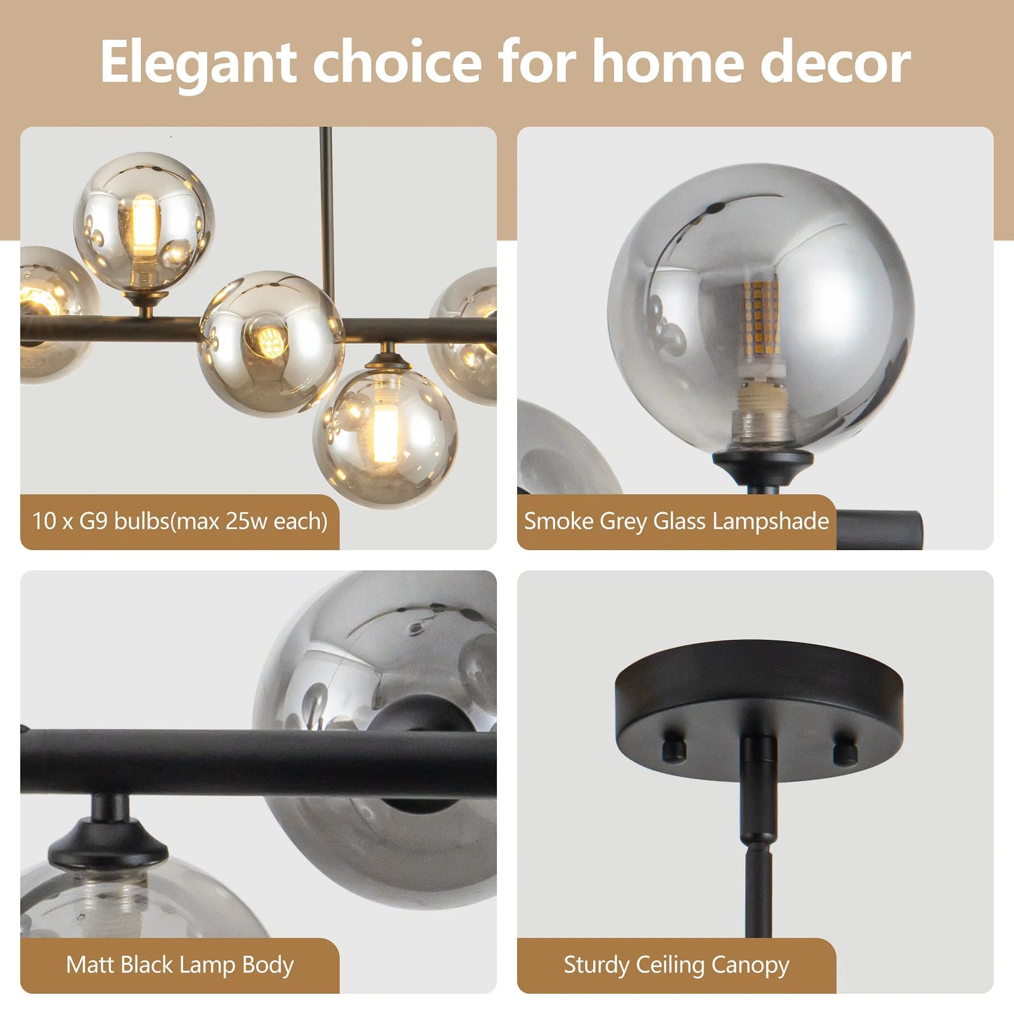 10 Light Adjustable Chandelier Mid Century Modern Glass Globes