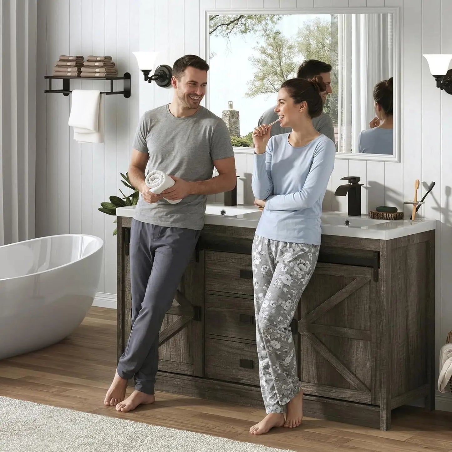 Double Bathroom Vanity With Sink Faucet And Sewer Pipes Cabinet