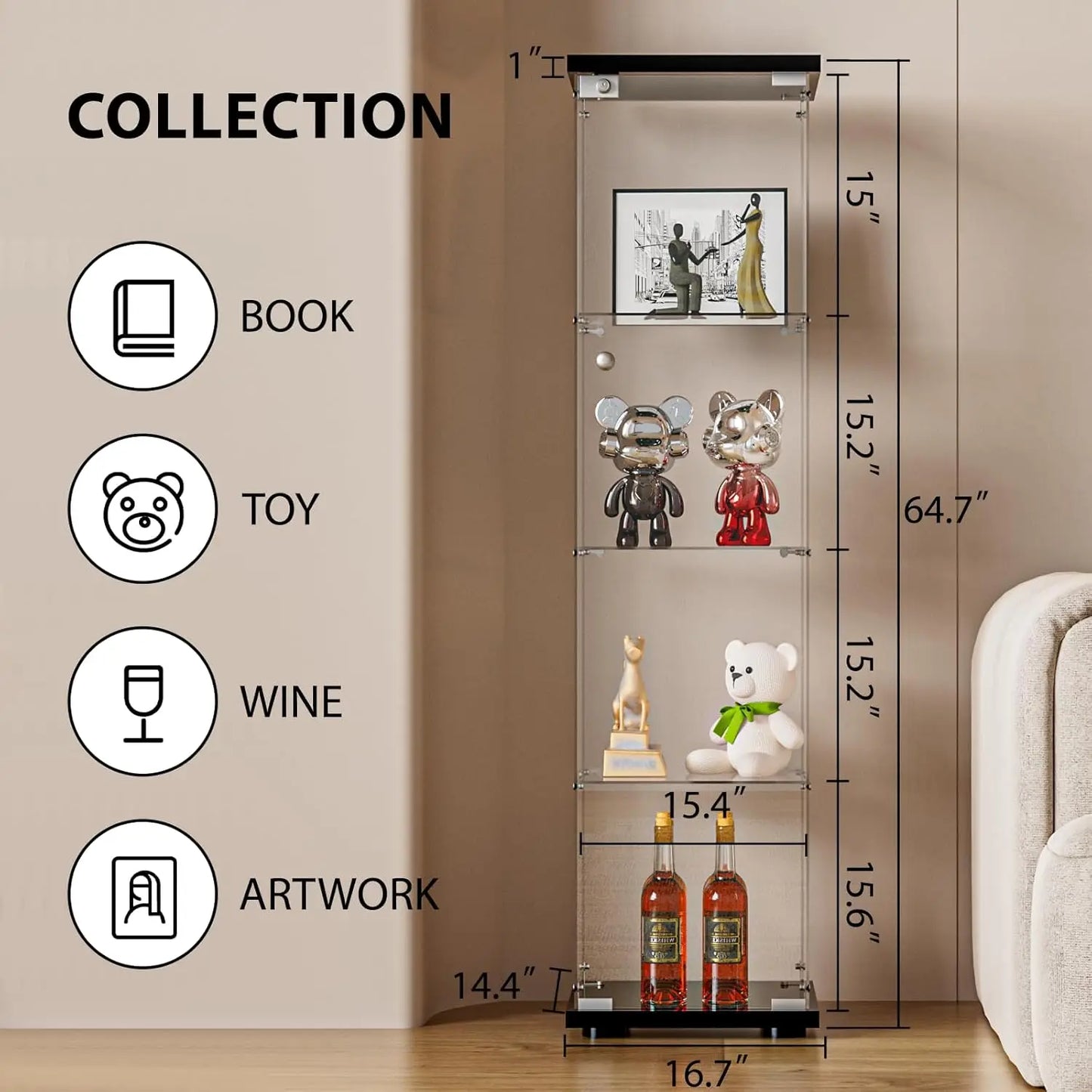 Glass Display Cabinet With Door And Lock 4 Shelf Curio