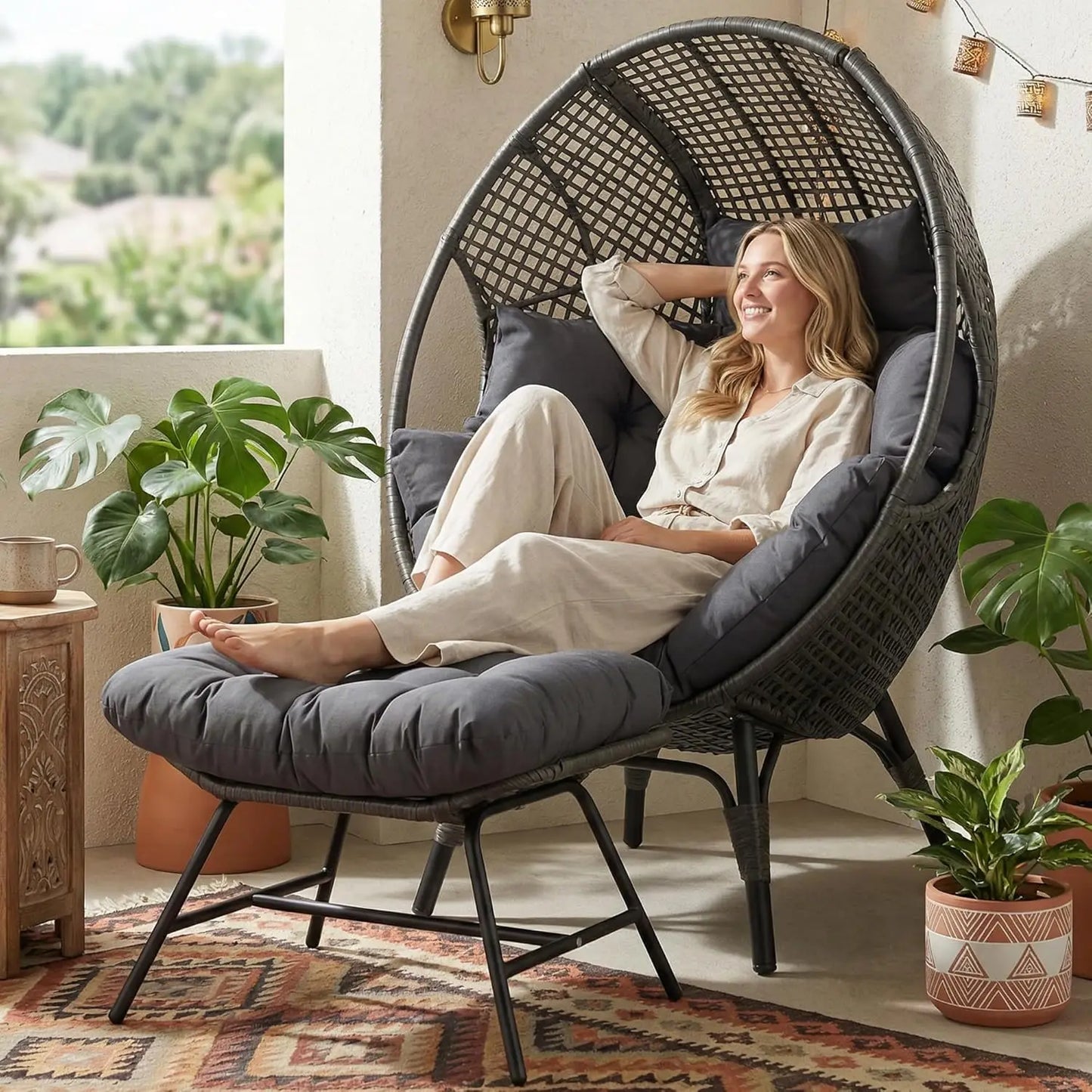 Indoor Outdoor Egg Chair With Ottoman Cushioned Lounge For Patio