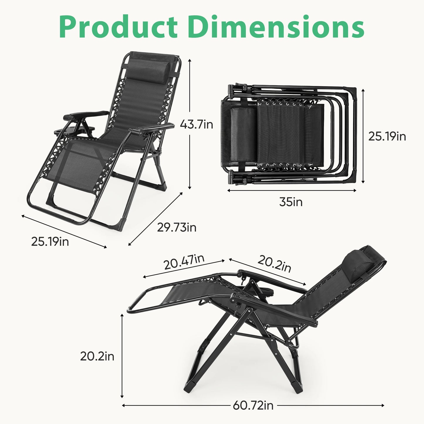 JHK Zero Gravity Recliner Outdoor Lounge Chair With Cup Trays