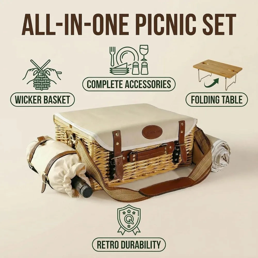NBVCX Wicker Picnic Basket For Two With Insulated Wine Pouch And Tableware