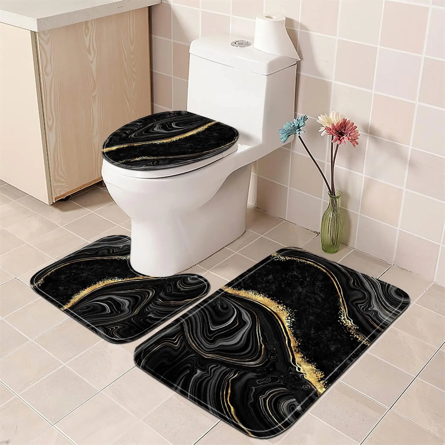 Shower Curtain Set With Toilet Lid Cover And Bath Rugs