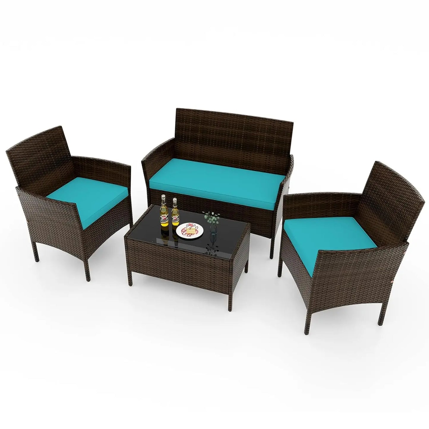 Rattan Outdoor Patio Conversation Set With Cushions And Glass Coffee Table