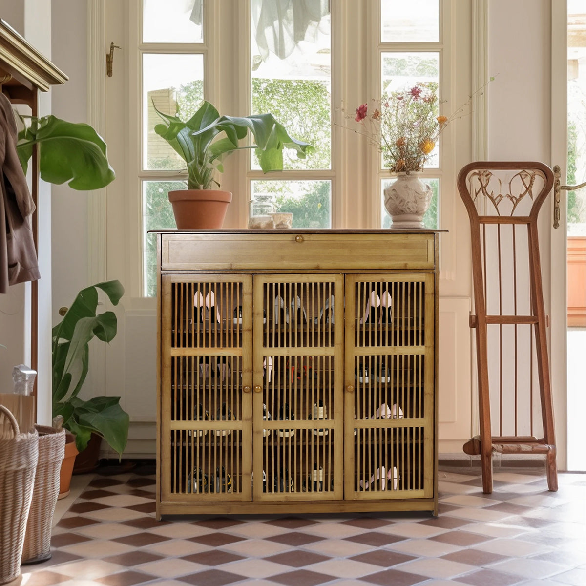 Freestanding Bamboo Shoe Cabinet With Three Doors For Entryway Storage