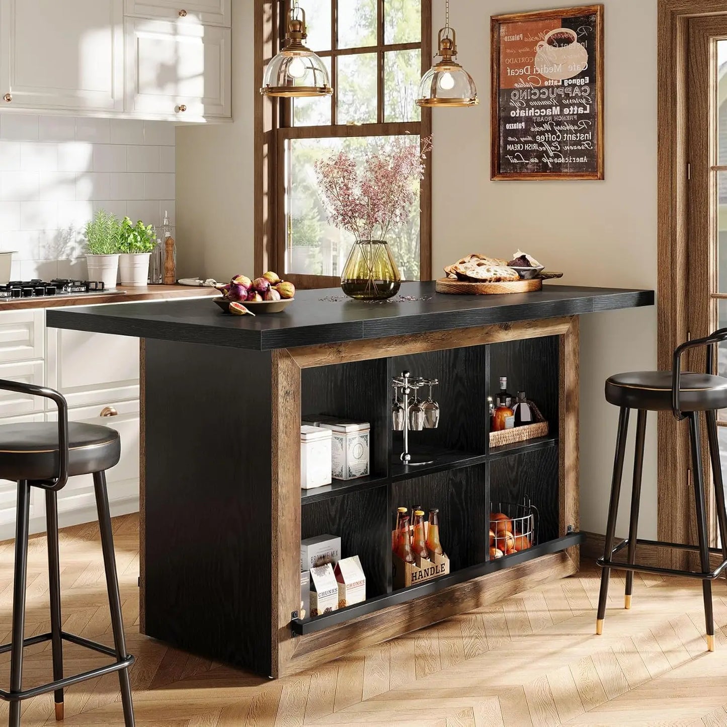 Counter Height Kitchen Island Table With Storage Cubbies And Footrest