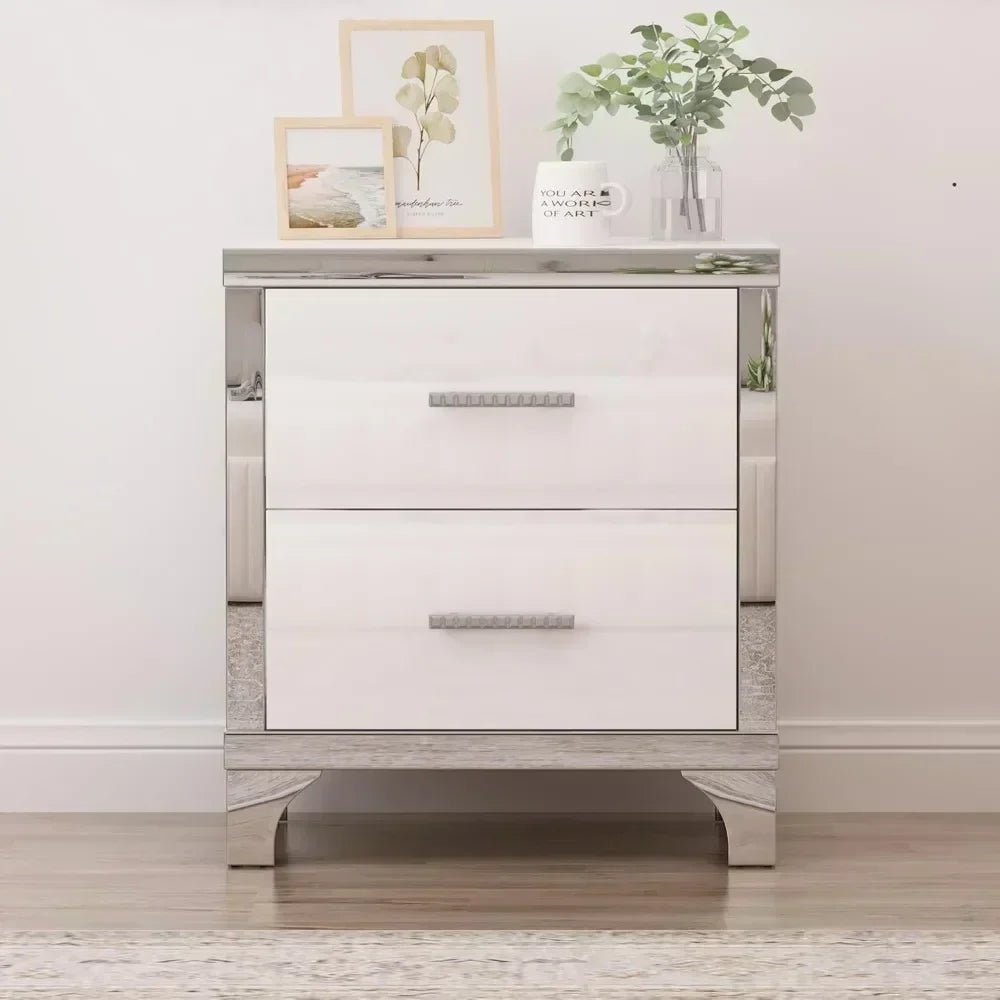 Elegant White High Gloss Mirrored Nightstand With 2 Drawers And Metal Handles