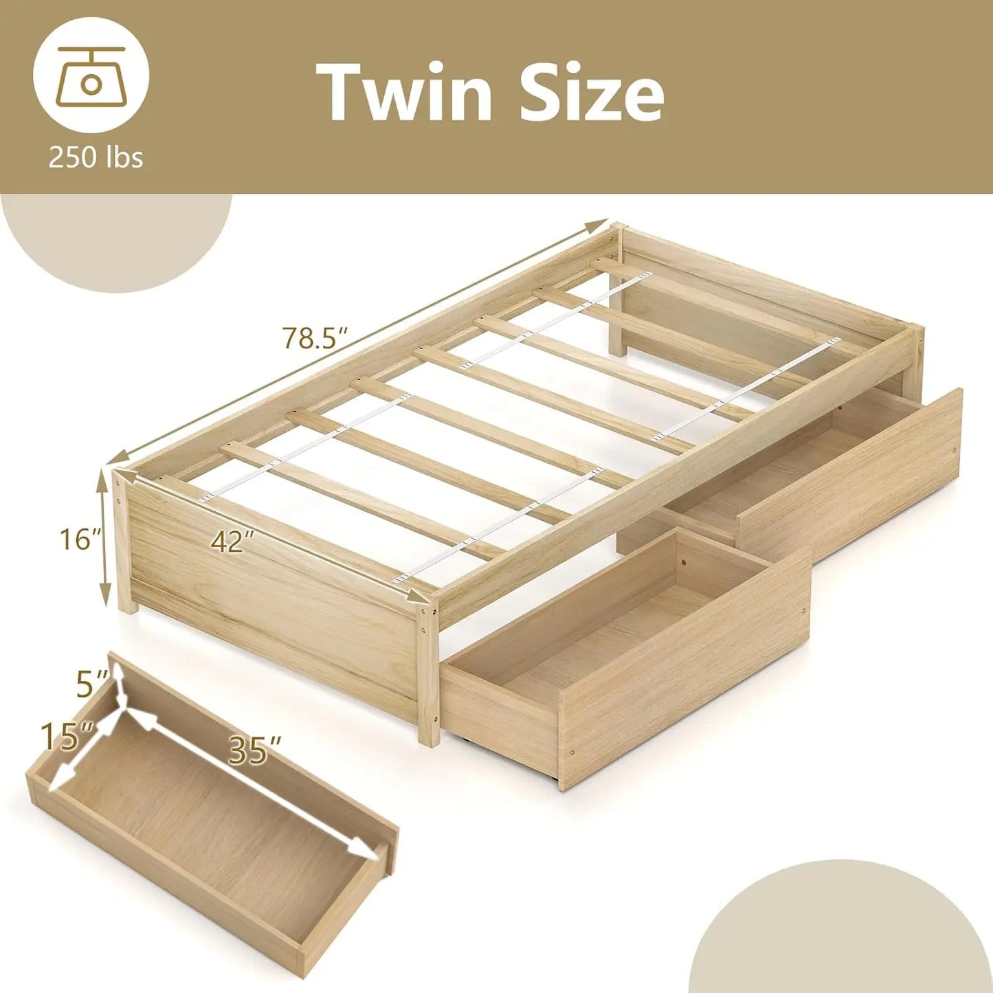 Folded Platform Bed Frame With 2 Storage Drawers, Solid Wood Slats