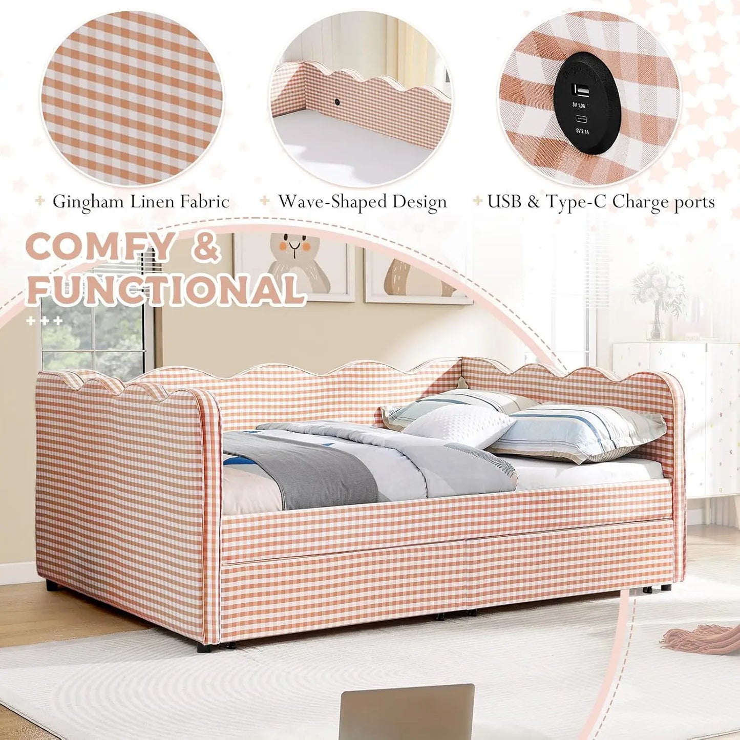 Wave Upholstered Daybed With Storage Drawers And USB Ports