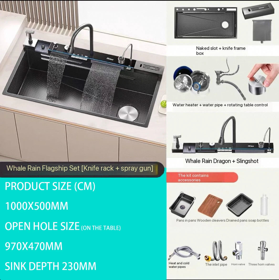 304 Stainless Steel Kitchen Waterfall Sink Digital Display Large Single Sink Dish Basin Sink With Multifunction Touch Waterfall