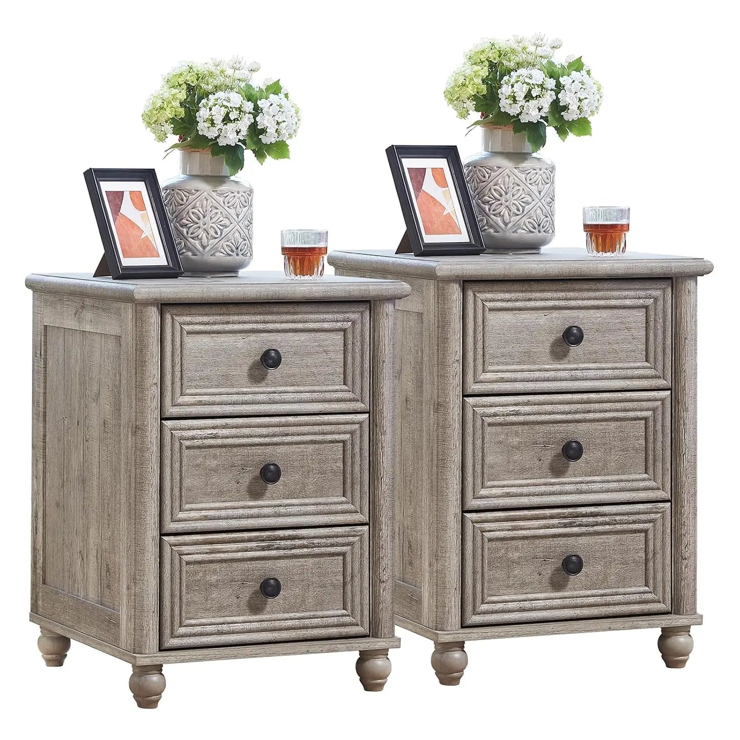 Walnut Farmhouse Nightstands With 3 Drawers Bedside Tables