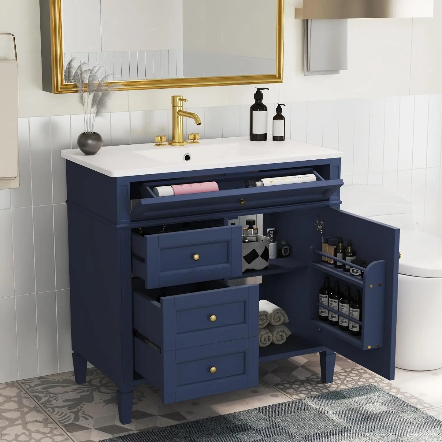 Customizable Modern Wooden Bathroom Vanity With Single Sink And Drawers