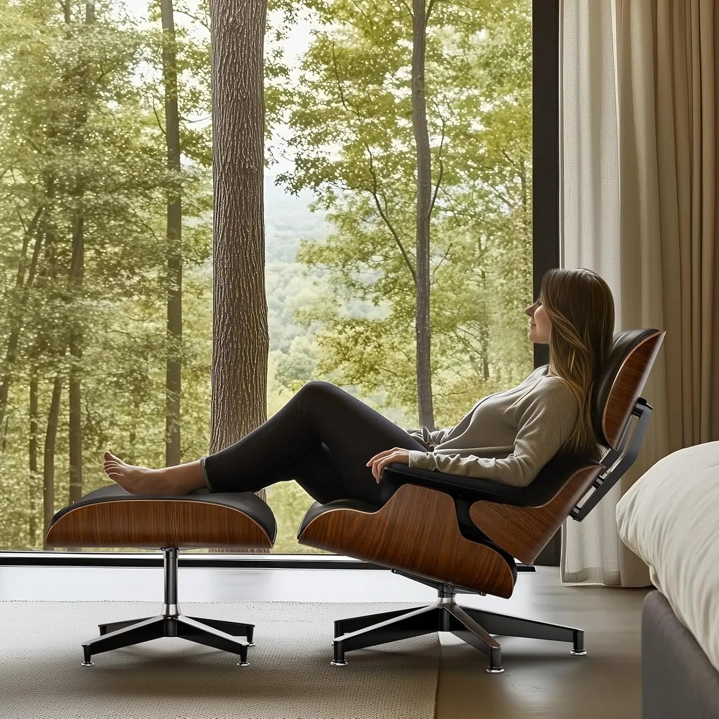 PU Leather Chaise Lounge Chair With Ottoman Walnut Wood