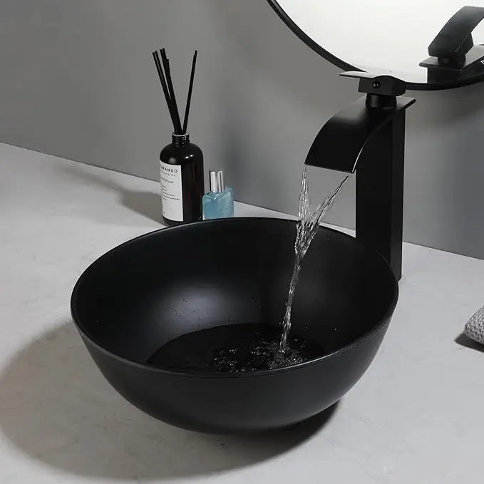 MEKKHALA Round Stone Resin Vessel Sink With Drain Combo Above Counter
