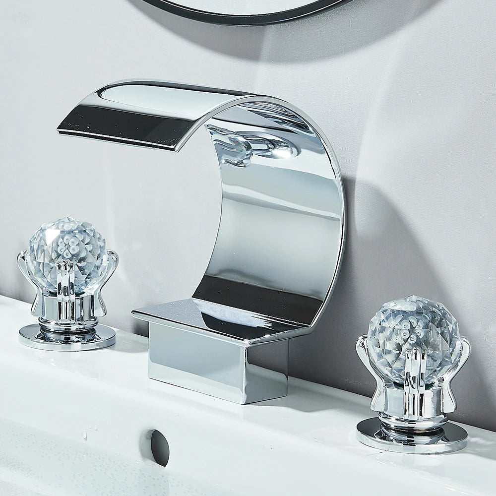 Quyanre Waterfall Bathroom Faucet With Crystal Handle Widespread Hot Cold