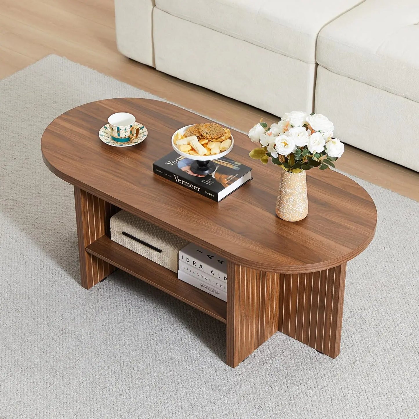 Oval Minimalist Farmhouse Coffee Table With Storage