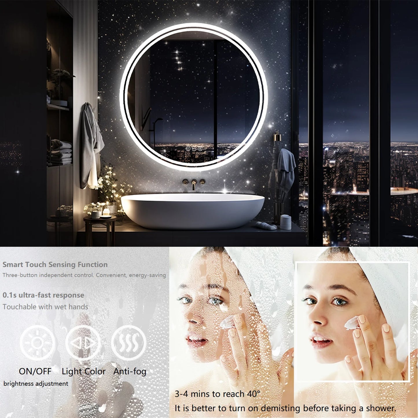 Round LED Bathroom Vanity Mirror Anti Fog With Bright Lights