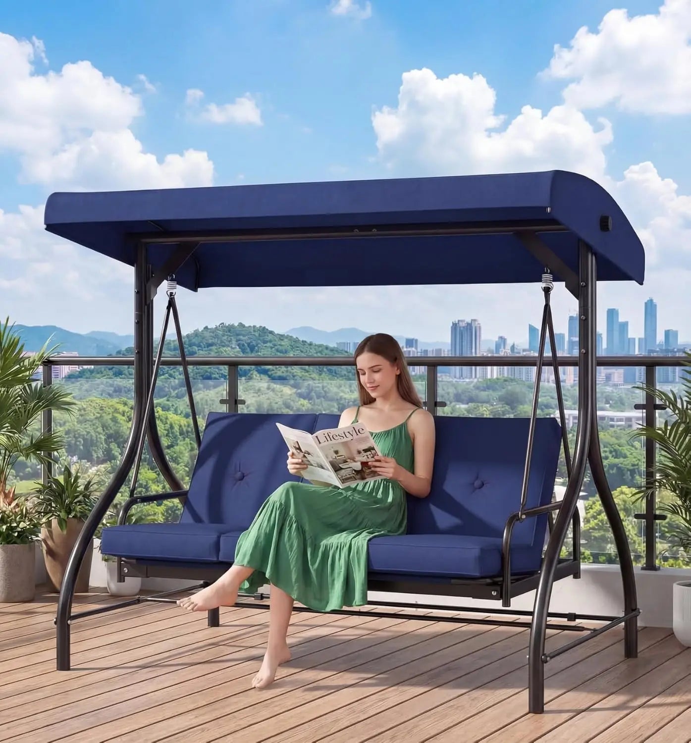 Three Seat Patio Swing With Adjustable Canopy And Backrest For Outdoor Use