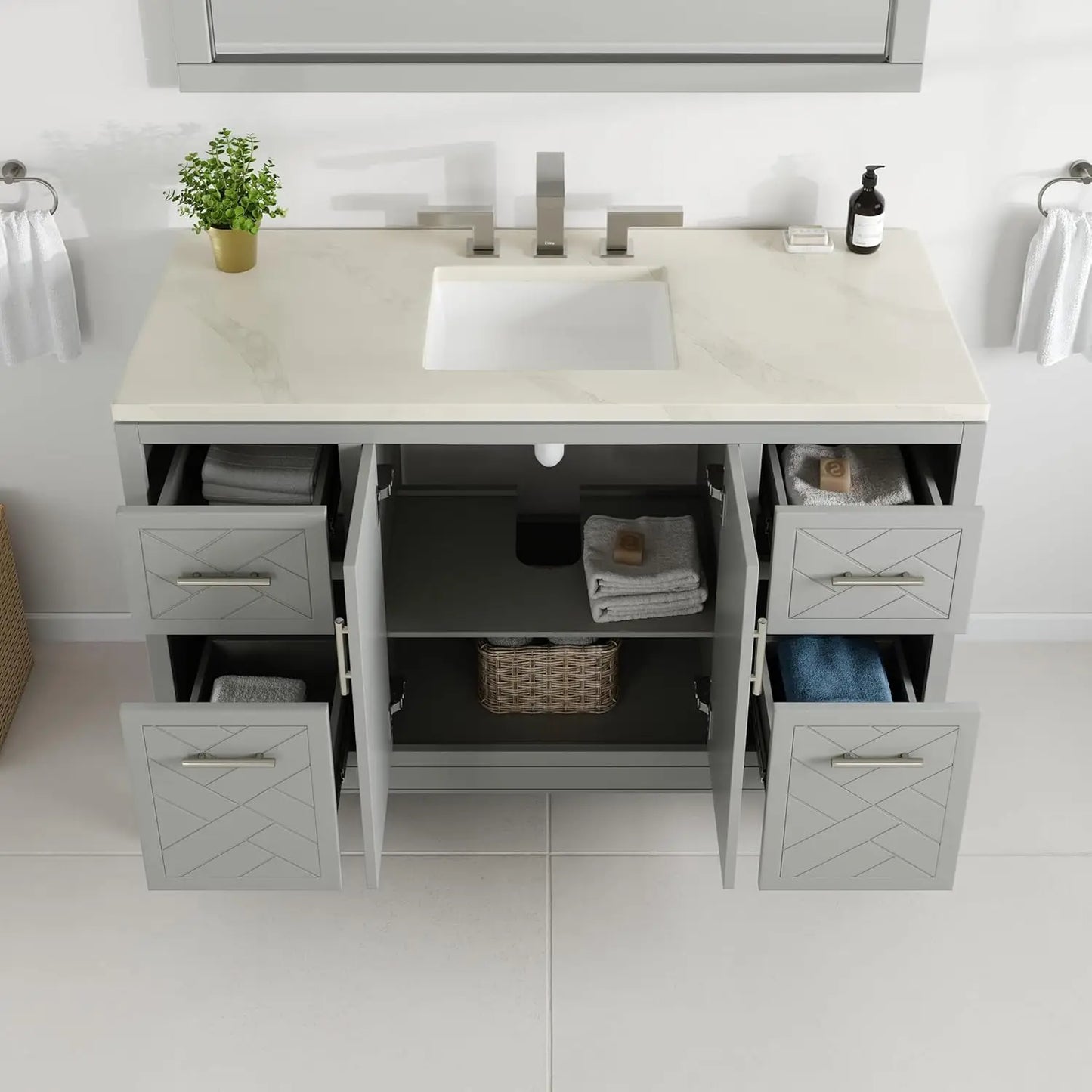 Marble Wood Vanity With Quartz Countertop And Undermount Porcelain Sink