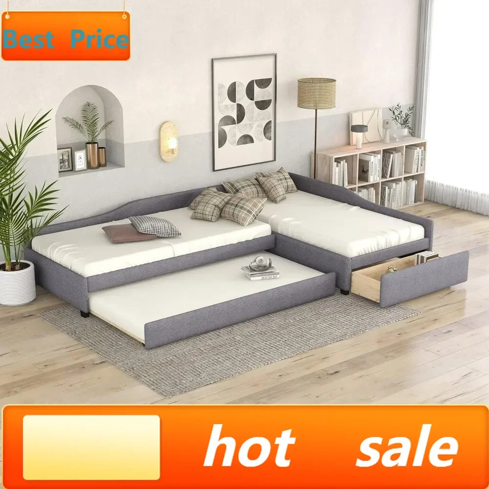 Daybed With Upholstered Seat Trundle And Storage Drawer For Teens