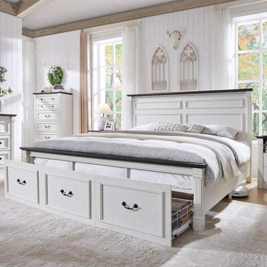 Farmhouse Wood Platform Bed Frame With Storage Drawers Customized