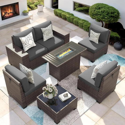 XIAOLANG 7 Piece Patio Furniture Set With Fire Pit Table Outdoor