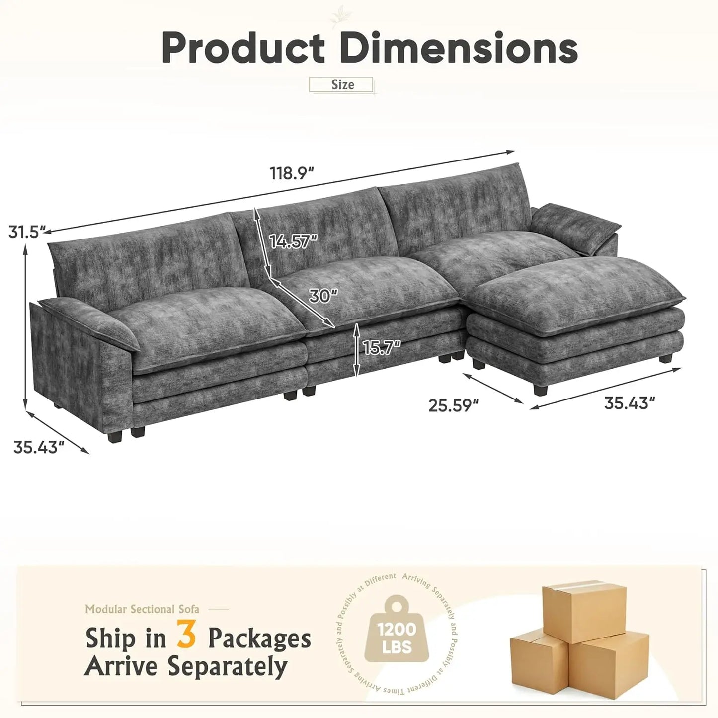 Modular Sectional Sofa With Reversible Ottoman Deep Seat Chenille