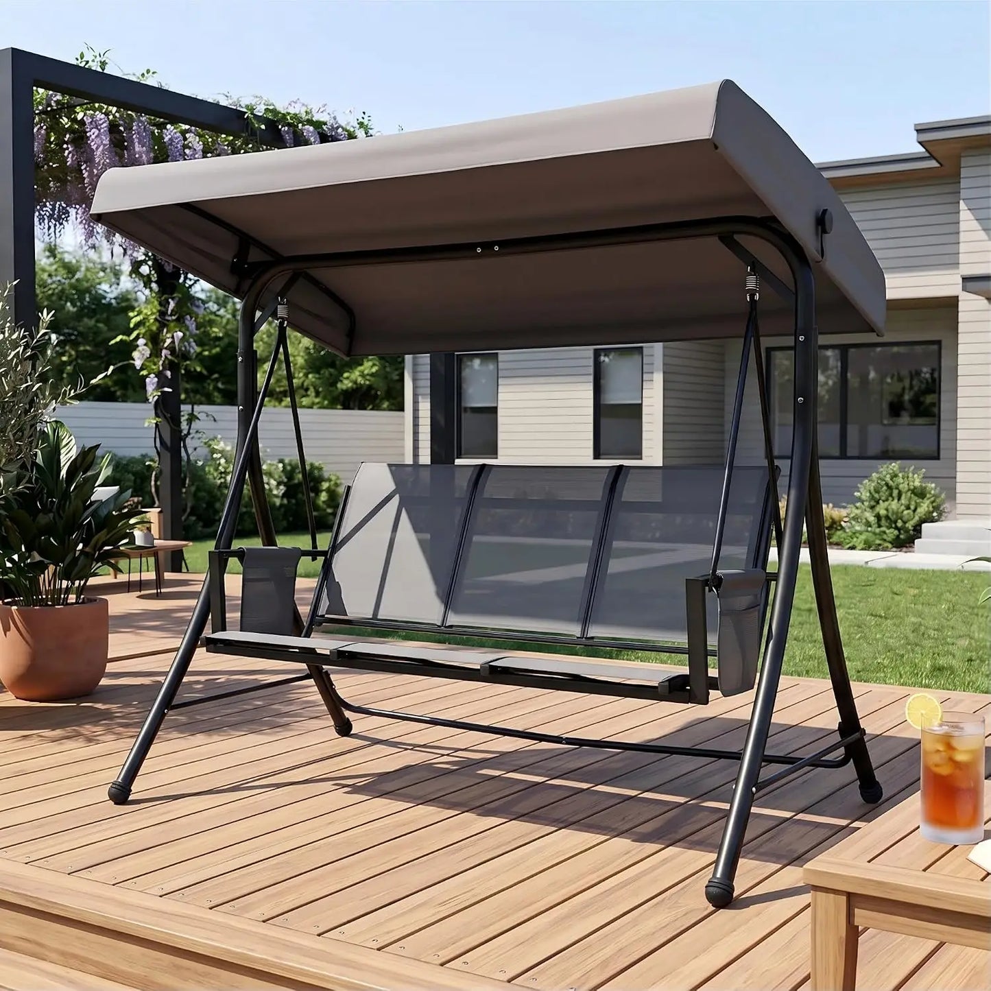 Porch Swing With Tilt Canopy Steel Frame 3 Seat Outdoor