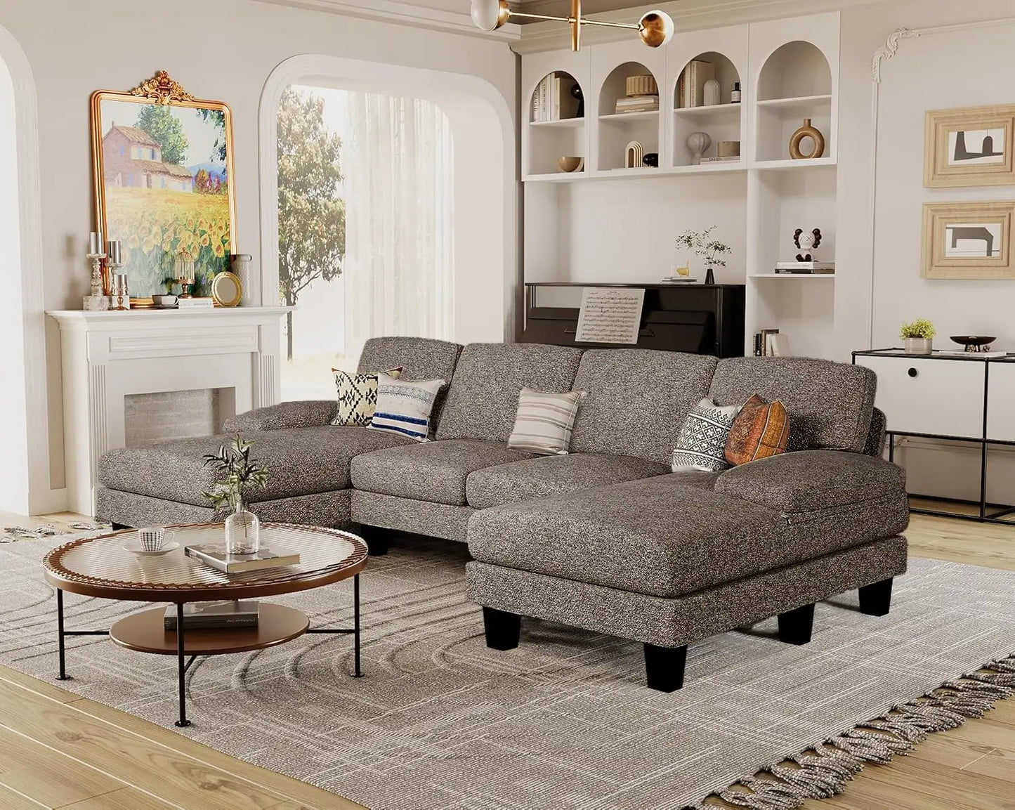 Combination U Shaped Sectional Sofa Linen Fabric Chaise 4 Seat