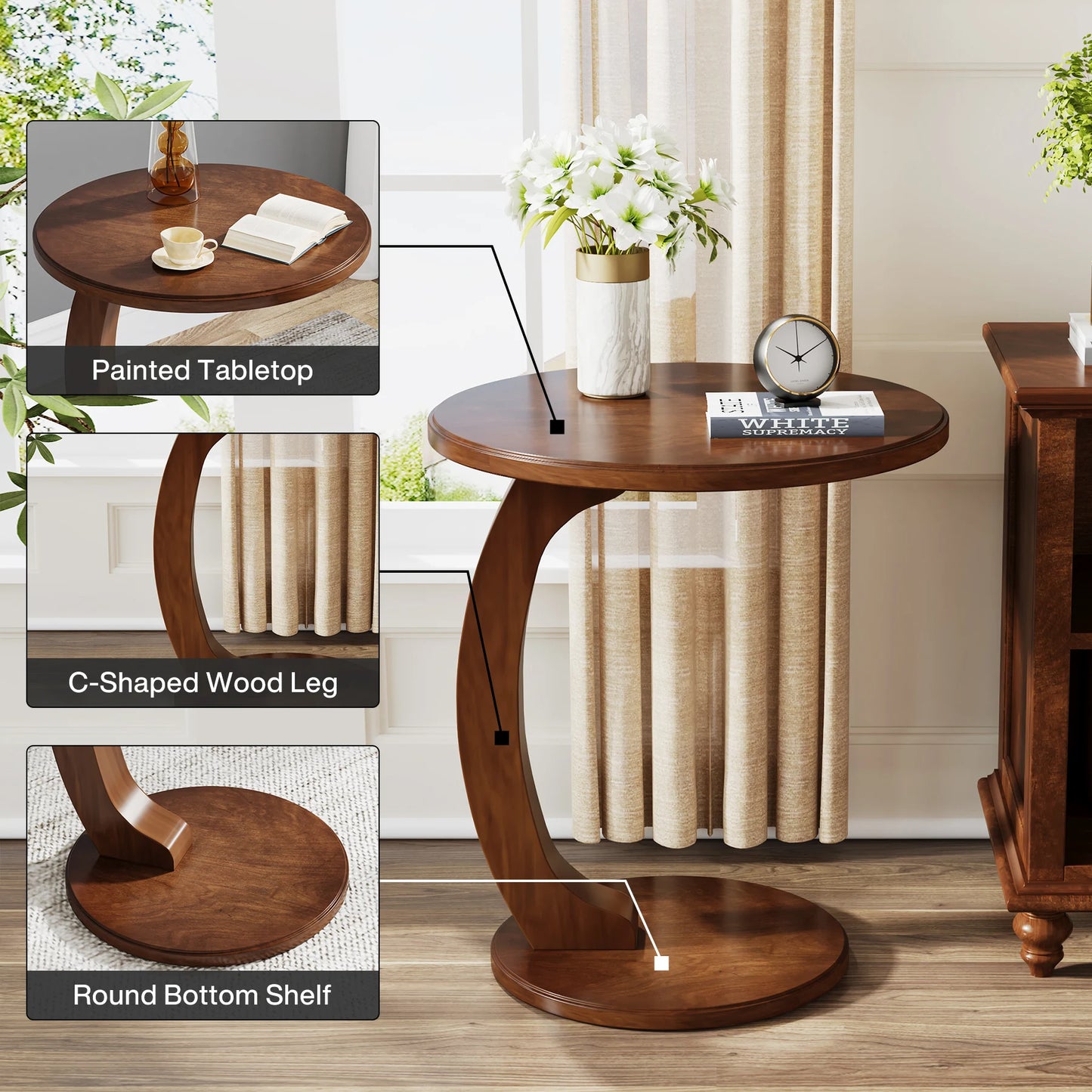 Tribesigns Round End Table Wood C Shaped Side Table Mid Century
