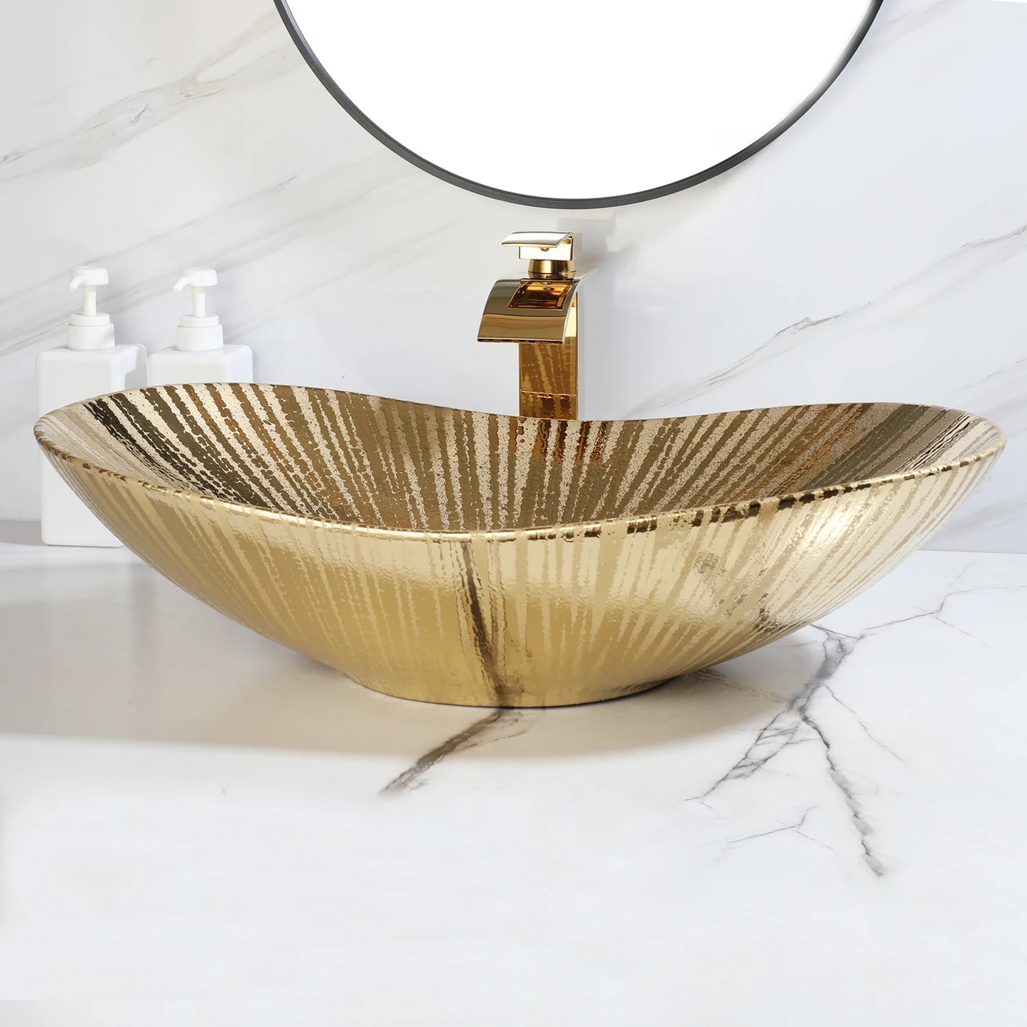MEKKHALA KEMAIDI Vessel Sink Faucet And Drain Set Oval Ceramic