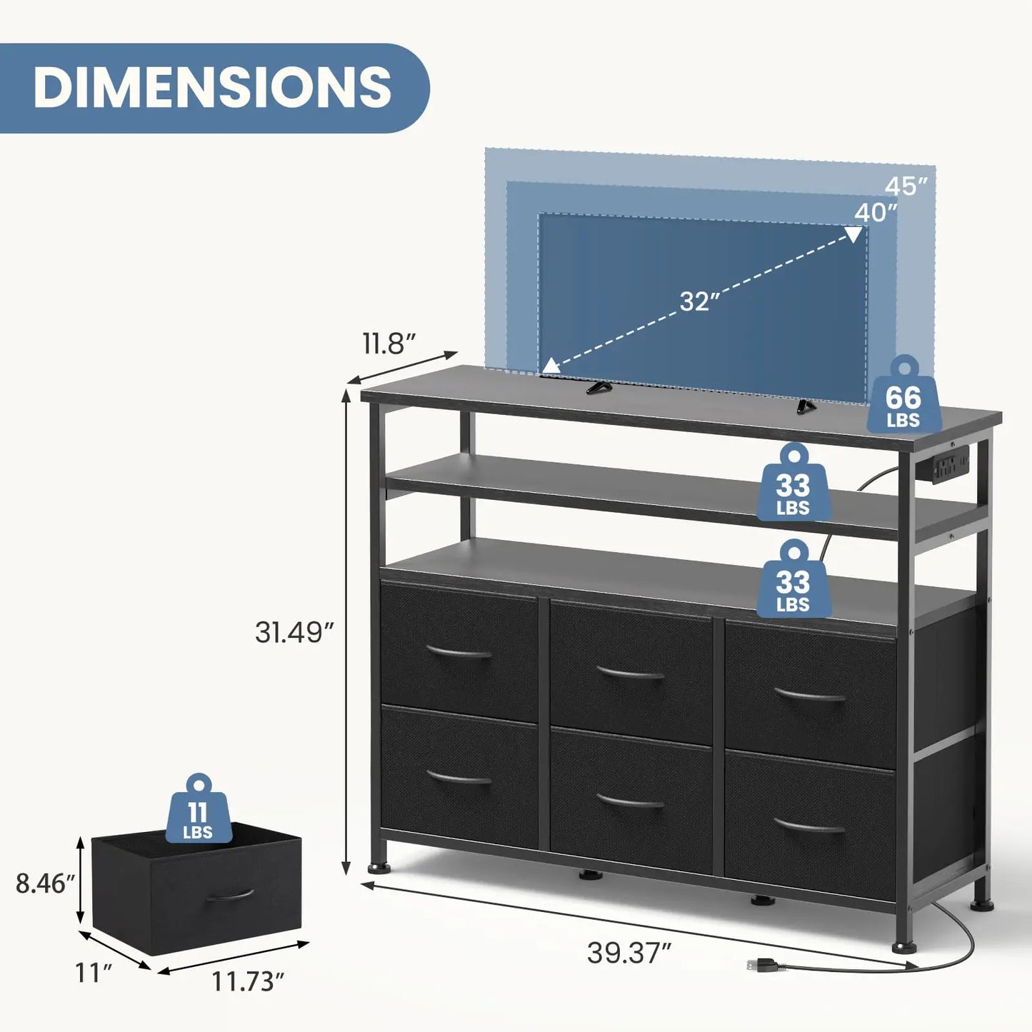 JHK TV Stand Dresser With Six Fabric Drawers Wood Top Living Room Console