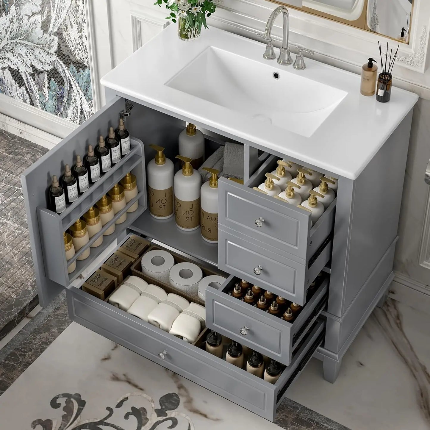 Wooden Bathroom Vanity With Ceramic Basin And Ample Storage Cabinets