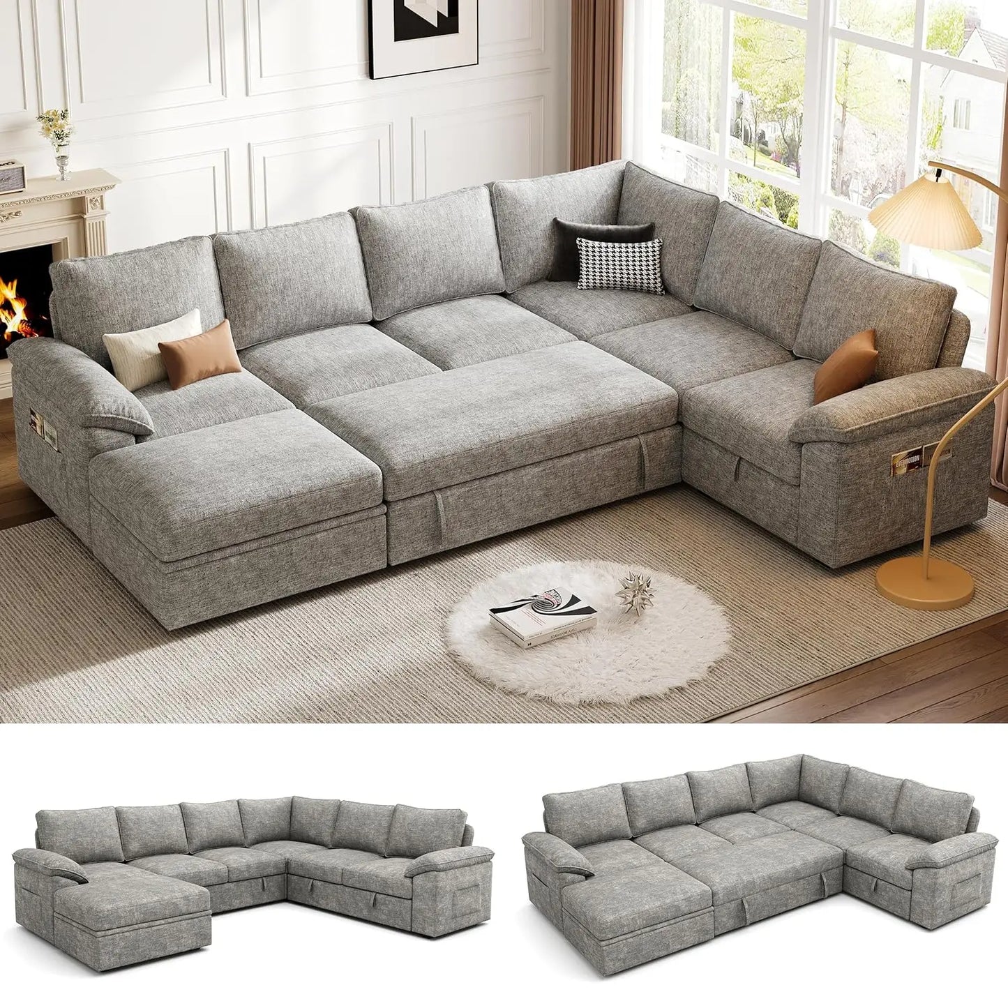 Modular U Shaped Sectional Sleeper Sofa With Storage
