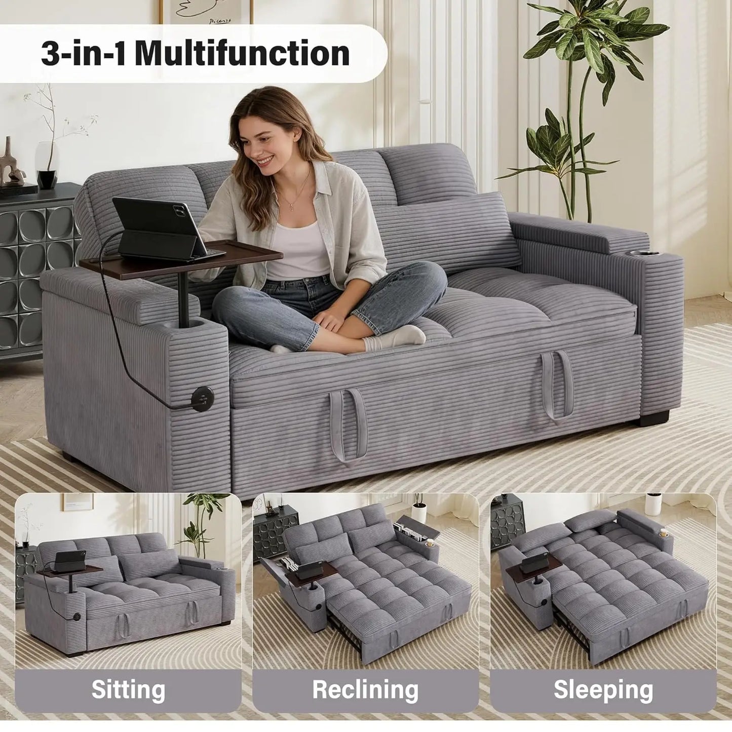 Sleeper Sofa With Pull Out Bed And Storage Armrests Corduroy