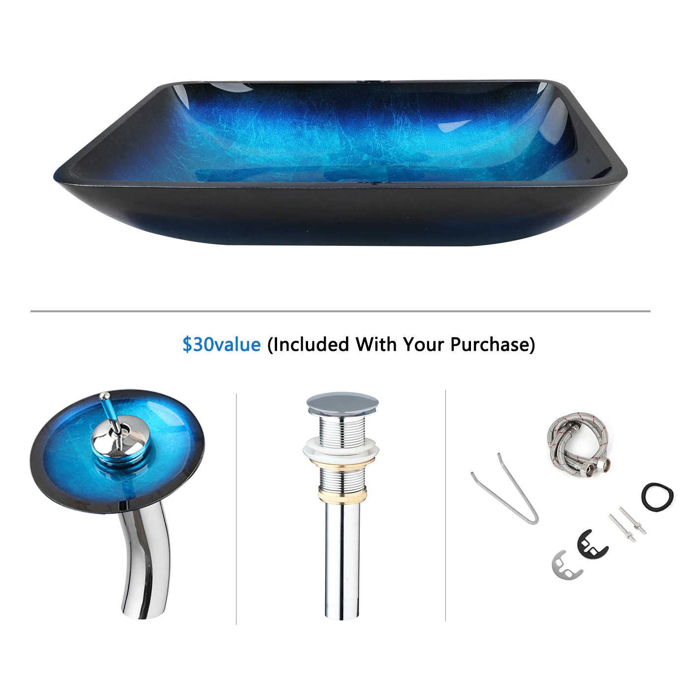 YANKSMART Tempered Glass Basin Sink Vessel With Faucet Set