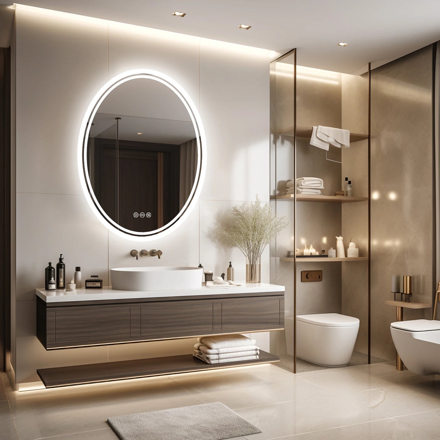 LED Backlit Round Vanity Mirror Wall Mounted Anti Fog Dimmable
