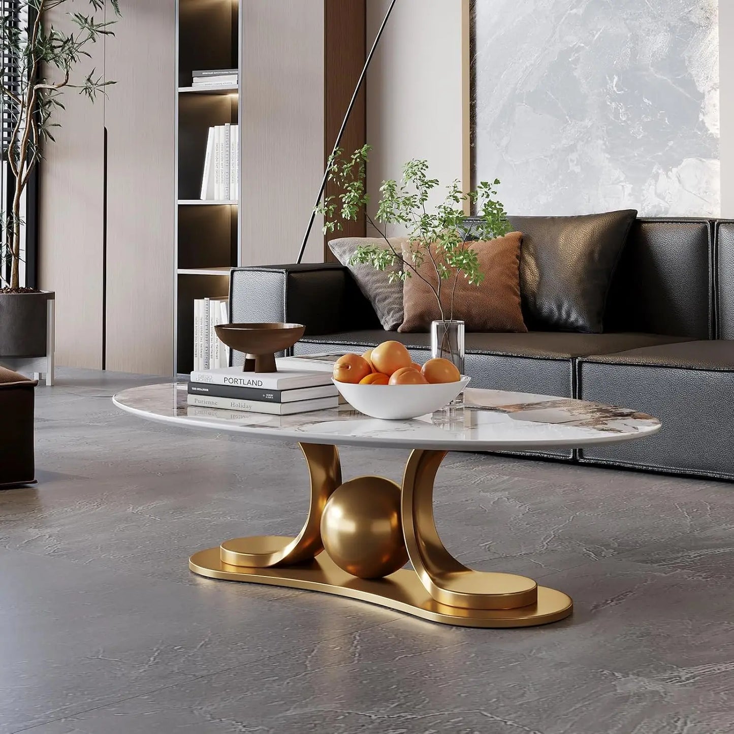 Oval Marble Coffee Table With Stainless Steel Base