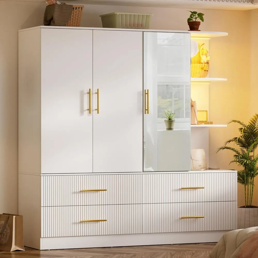 Armoire Wardrobe With Drawers Mirror LED Light Hanging Rod