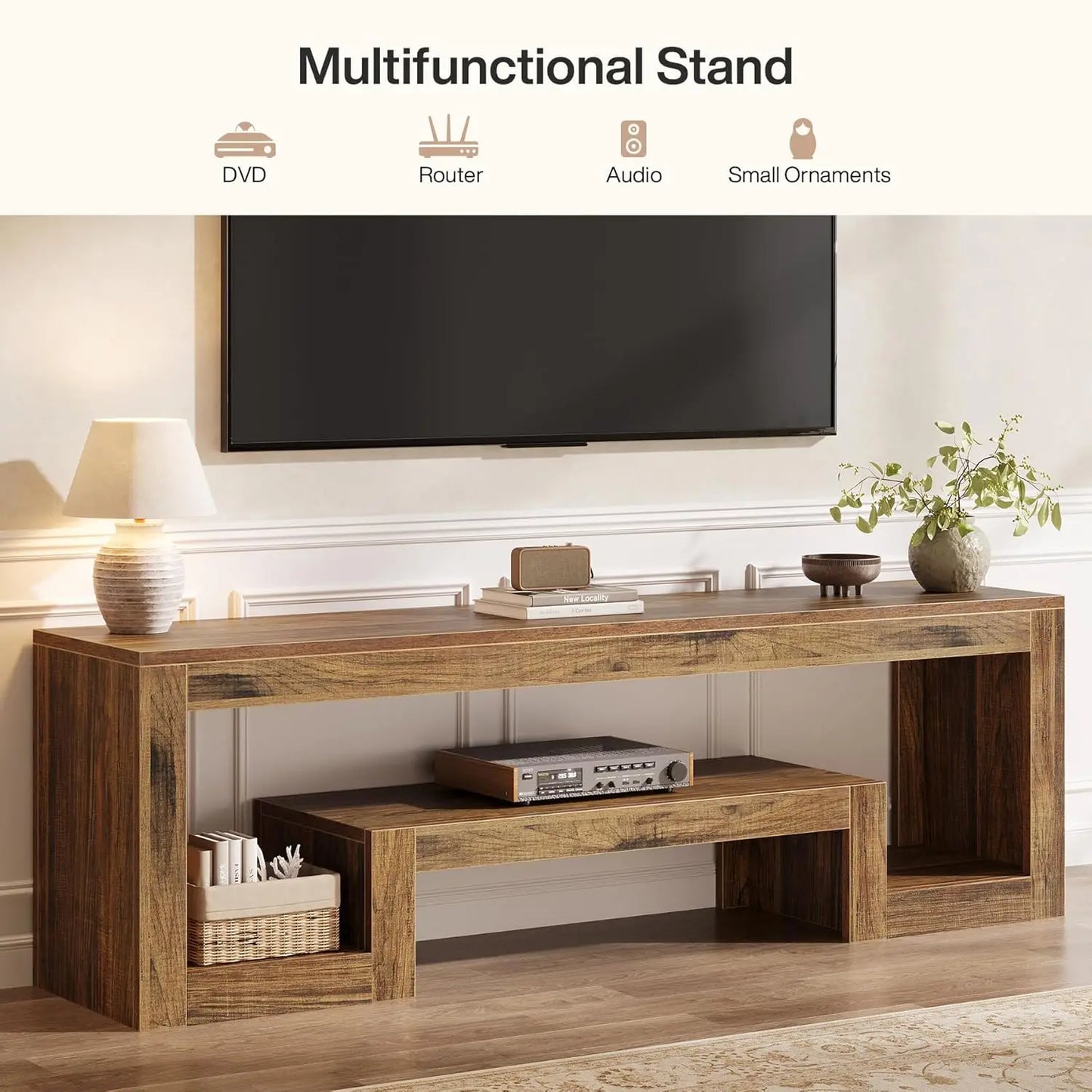 Farmhouse Wood TV Stand Entertainment Center Open Shelves Living Room