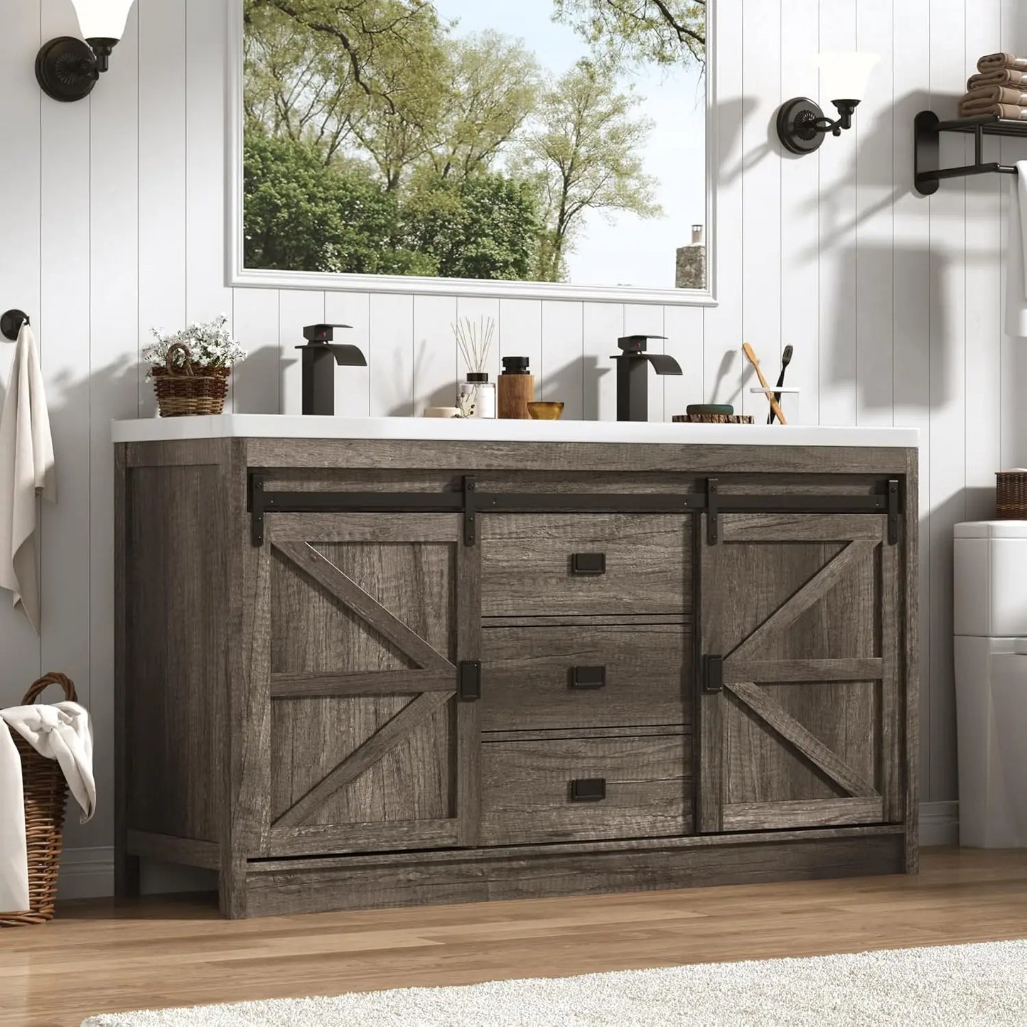 Double Farmhouse Bathroom Vanity Cabinet With Sink And Faucet