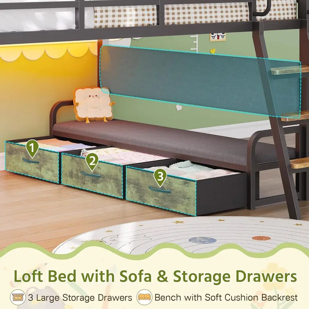 Low Loft Bed With Desk, LED Lights, Storage Drawers