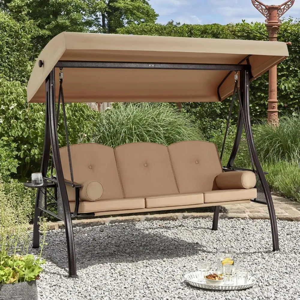 Three Person Porch Swing With Adjustable Canopy Cushioned Steel Frame