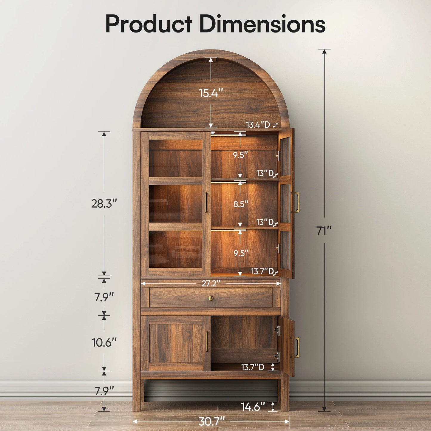 Furgle Arched Wood Storage Cabinet With Adjustable Shelves Dimmable Lights