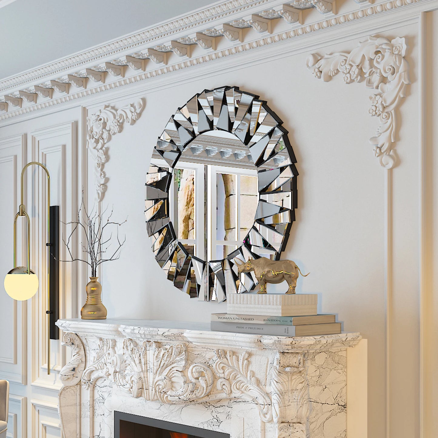 Sunburst Round Wall Mirror Beveled Glass Modern Silver Accent