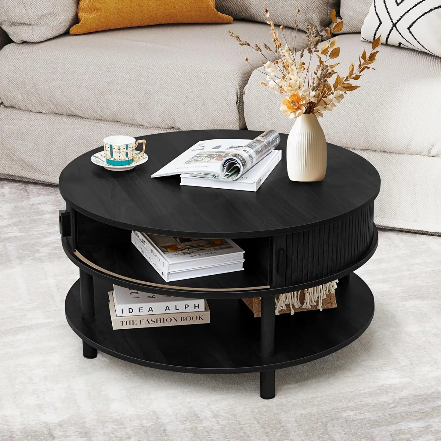 Oval Minimalist Farmhouse Coffee Table With Storage