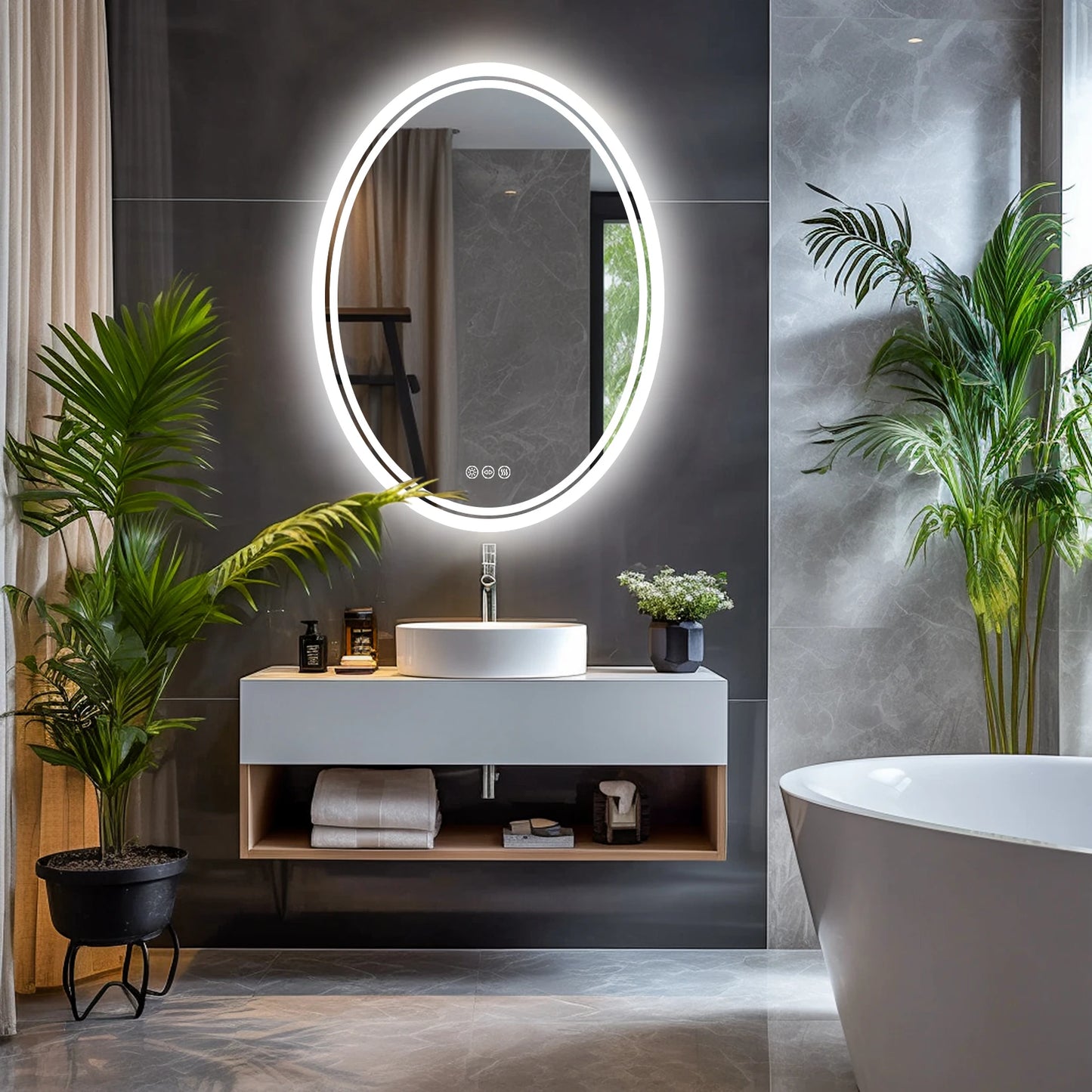 LED Backlit Round Vanity Mirror Wall Mounted Anti Fog Dimmable